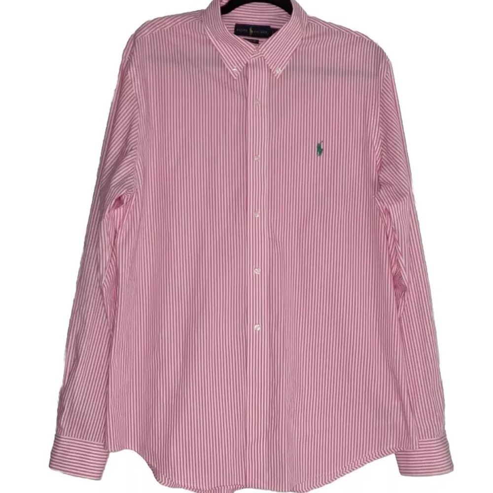 Ralph Lauren Men's Pink White Striped Shirt Button Down Logo Preppy